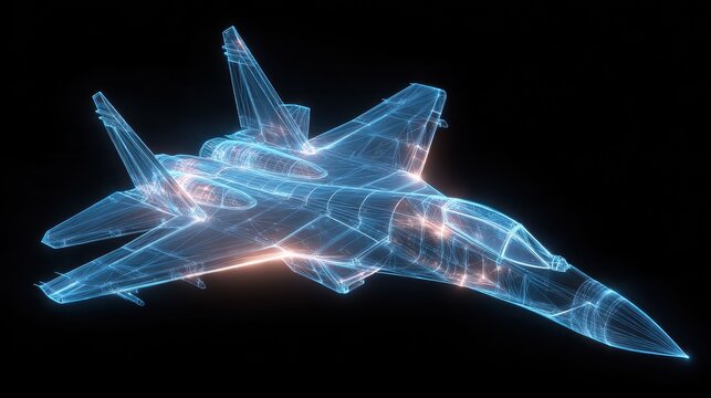 Jet Wireframe. Three-Dimensional Aerial Fighter Plane Blueprint in Glowing Neon Hologram