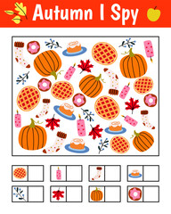 Autumn I spy game for kids. Searching and counting activity for preschool children with cute objects. Fall printable worksheet for kids.