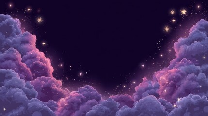 A serene night sky filled with purple and pink clouds, soft and majestic, resembling a cosmic walk among mist.