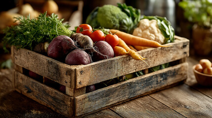 Fresh vegetables in wooden crate healthy food produce organic harvest