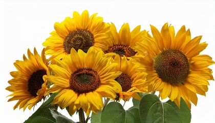 Group Of Yellow Sunflowers With Stems And Leaves Isolated Cutout On Transparent