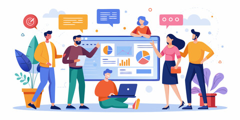 Diverse team collaborating and analyzing data on a large screen with charts and graphs