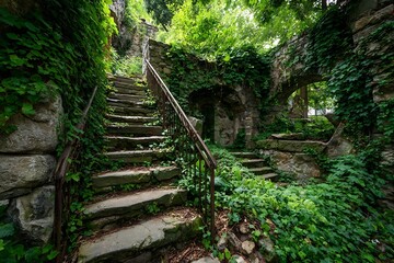 Obraz premium Discover ancient stone staircase overgrown with lush greenery, inviting exploration and adding a touch of mystery to any project