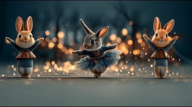 Ready for Merry Christmas and Happy new year video of Three cartoon rabbits boys and a girl in tiny clothes raise paws with bokeh lights, center wears tulle skirt dancing synchronously.