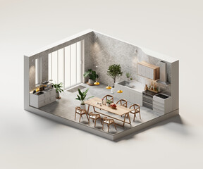 Isometric view modern kitchen room open inside interior architecture, 3d rendering.
