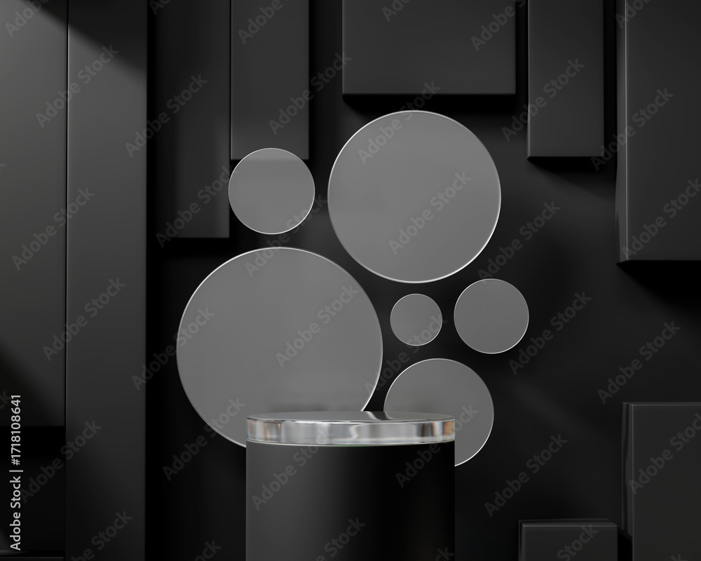 Poster 3d rendering clear and black platform podium product presentation background