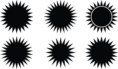 Fototapeta premium A collection of six black starburst or sun-like graphic elements, with one featuring a white outline around its center.