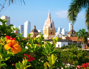 Cityscape framed by vibrant flowers