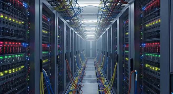 A server room filled with rows of server racks and colorful cables in a data center environment view