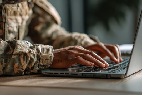 Military Using Computer. Cropped View of Soldier in Camouflage Uniform on Laptop Table