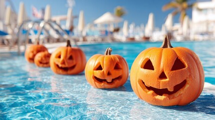 Festive Halloween pumpkins floating in a vibrant blue swimming pool, against a blurred background of resort amenities under a clear blue sky.