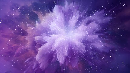 Abstract art with a dynamic explosion effect in deep purple tones, radiating symmetrical lines and tiny white particles,
