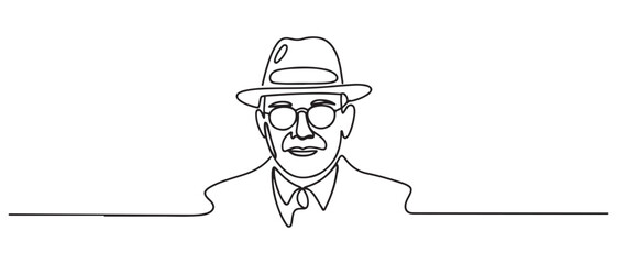 continuous line old man portrait. one line vector of a person's face with a hat and glasses. one line Icon drawing with white background