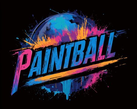 Paintball Splatter. Tournament Emblem Design with Colorful Lettering and Sticker Label