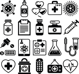 Collection of medical and health icons featuring science symbols pharmacy equipment and emergency care essentials for digital and print projects
