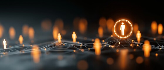 Glowing network graph with connected nodes and human icons symbolizes recruitment and social connections. illuminated figures stand out against dark background, creating futuristic feel