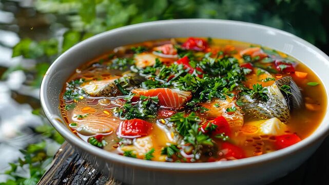 Fish soup with a river in the background. Selective focus. nature.