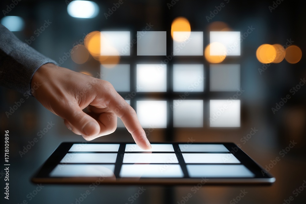 Poster hand interacts with digital tablet displaying grid of illuminated squares, set against blurred backg