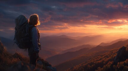 Fototapeta premium Hiker at Sunset Over Mountain Range, Backpacking Adventure.
