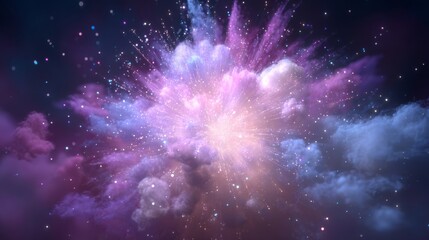 A vibrant cosmic explosion with stardust and light particles radiating outward in shades of pink, purple, and blue,