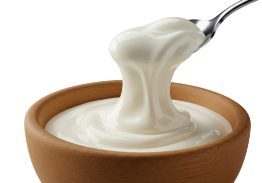A silver spoon gently scoops thick, velvety white Greek yogurt with luminous highlights from a minimalist wooden bowl, isolated on a transparent background, ultra-detailed macro. Culinary indulgence