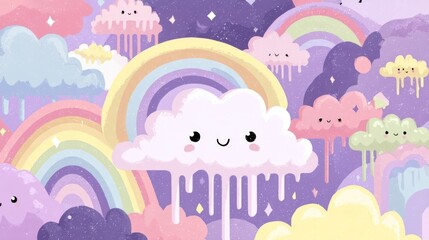 A whimsical scene with fluffy pastel clouds featuring smiling, sleeping, and yawning expressions,
