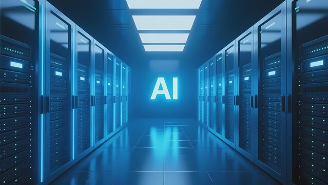 A futuristic server room with glowing AI text at the end of a corridor lined with data servers. - Powered by Adobe