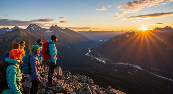 Group of hikers on a mountain peak overlooking a valley at sunset with a man pointing the way