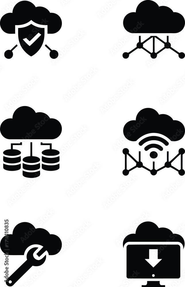 Poster illustrations of cloud computing technologies depicting various functions such as security networkin