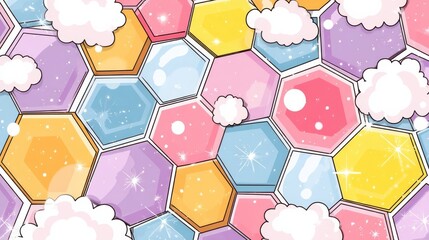 A whimsical multicolored honeycomb pattern with hexagons in pastel shades of pink, yellow, lavender, blue, orange,