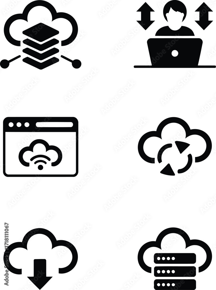 Poster cloud computing and data management black silhouette icons depicting modern technologies including s