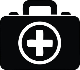 Iconic first aid kit symbol featuring a white cross within a circle on a solid black shape representing medical emergency preparedness and healthcare