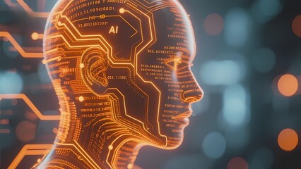 Digital human head with AI circuitry and glowing neural pathways