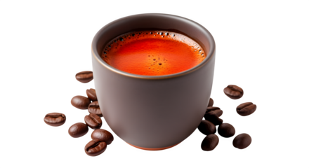 A rich, dark espresso with a beautiful crema, surrounded by roasted coffee beans, inviting a moment of warmth and energy.