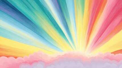 Abstract composition with vibrant rainbow lines radiating from center on pastel clouds, evoking warmth, joy,