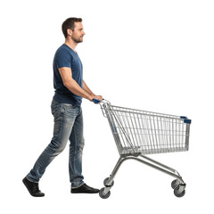 Man pushing shopping cart isolated cutout image for grocery store supermarket retail concept  on transparent background