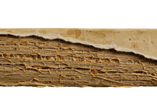 Extreme close-up macro of antique, aged paper with jagged rip revealing fibrous cross-section, sepia stains, and amber foxing, on transparent, studio lighting, concept of intricate material