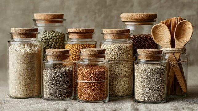 Collection of glass jars filled with various legumes and seeds, including rice, lentils, and chia, is neatly arranged table. Wooden spoons are tied together, adding rustic touch to zero waste - Powered by Adobe