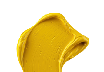 Vibrant, thick, glossy yellow impasto paint stroke with sculptural peaks and valleys, isolated on a transparent background with raking light. Concept of artistic texture study
