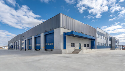 Modern warehouse building exterior with corrugated steel facade, blue roller doors. Three large loading bays fronting concrete lot under clear blue sky with scattered clouds. Industrial architecture