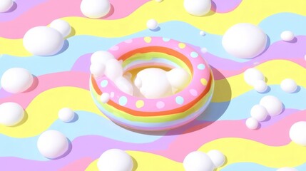 A bright inflatable doughnut pool toy with pink, orange, yellow, green, and blue stripes, white polka dots,