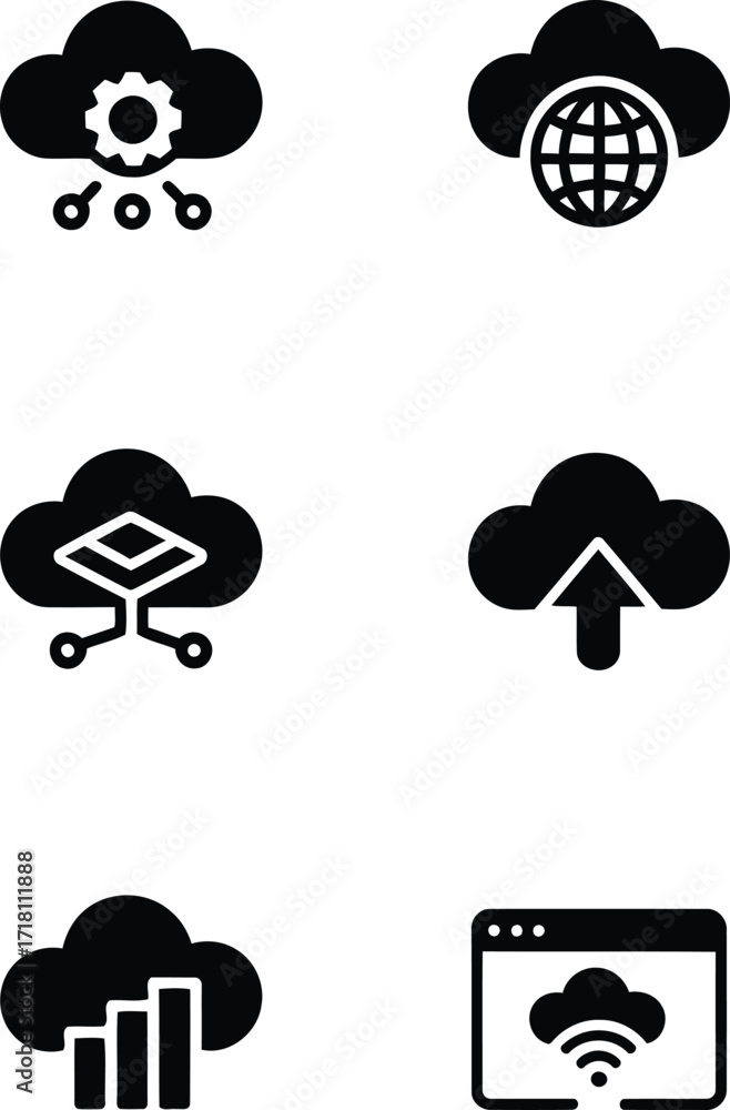 Poster diverse cloud computing icons representing settings, global network, server architecture, upload, an