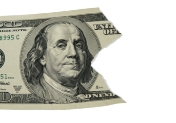 Pristine us one-hundred dollar bill with torn corner exposing intricate linen-cotton fibers, security thread, and watermark, isolated on transparent, scientific currency analysis concept.