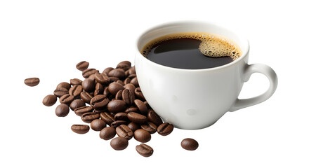 Obraz premium Aromatic dark coffee in a white cup with scattered roasted beans, a perfect morning energy boost.