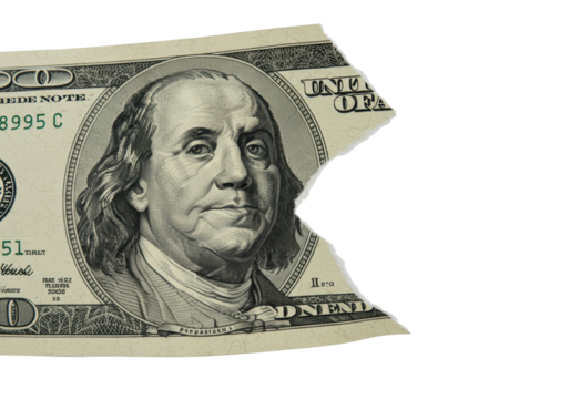 Pristine us one-hundred dollar bill with torn corner exposing intricate linen-cotton fibers, security thread, and watermark, isolated on transparent, scientific currency analysis concept.