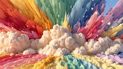 Vibrant explosion of colors resembling cotton candy radiating outward with pink, orange, yellow, green, blue, purple,