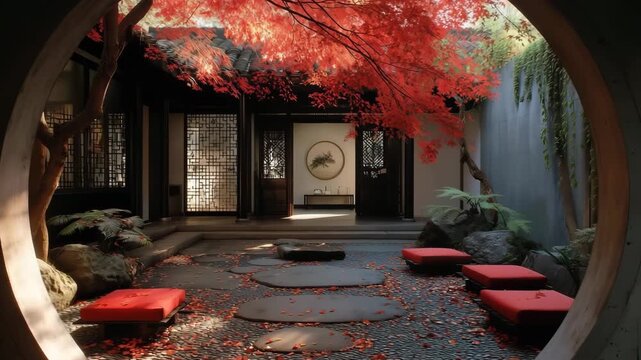 丸窓越しの紅葉映える静かな秋の中庭の情景