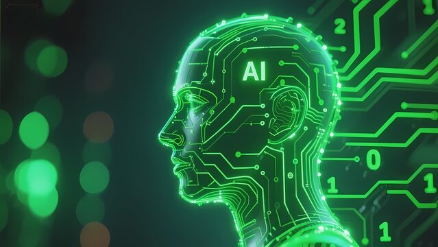 Digital human head with AI circuitry and binary code in green neon light
