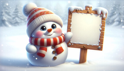 Cute snowman illustration in snowy landscape with scarf and wool hat, holding a copy space sign. Christmas Celebration Time