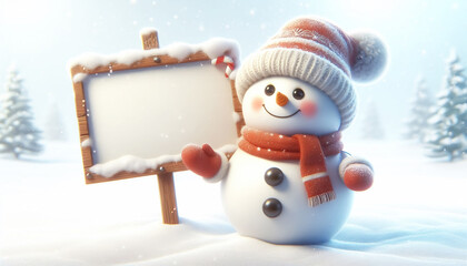 Cute snowman illustration in snowy landscape with scarf and wool hat, holding a copy space sign. Christmas Celebration Time